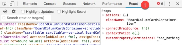 Step one, selecting the React tab within the Google Chrome developer tools