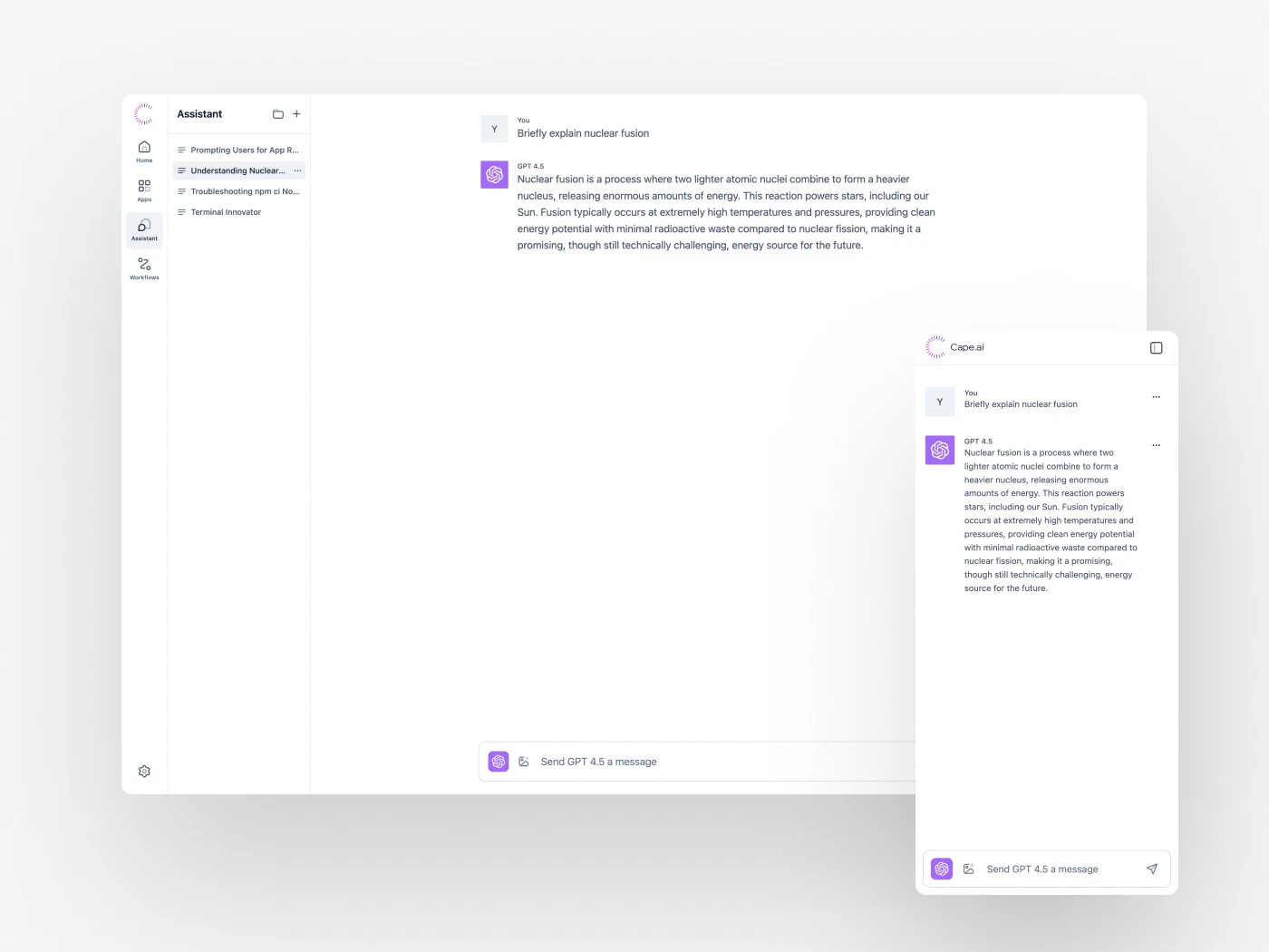 Cape Assistant showing the same conversation in a full desktop workspace and a compact side panel, with navigation, message history, and a composer.