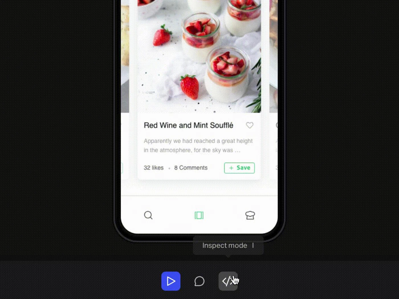A recipe prototype with the Inspect mode control highlighted in the bottom toolbar.