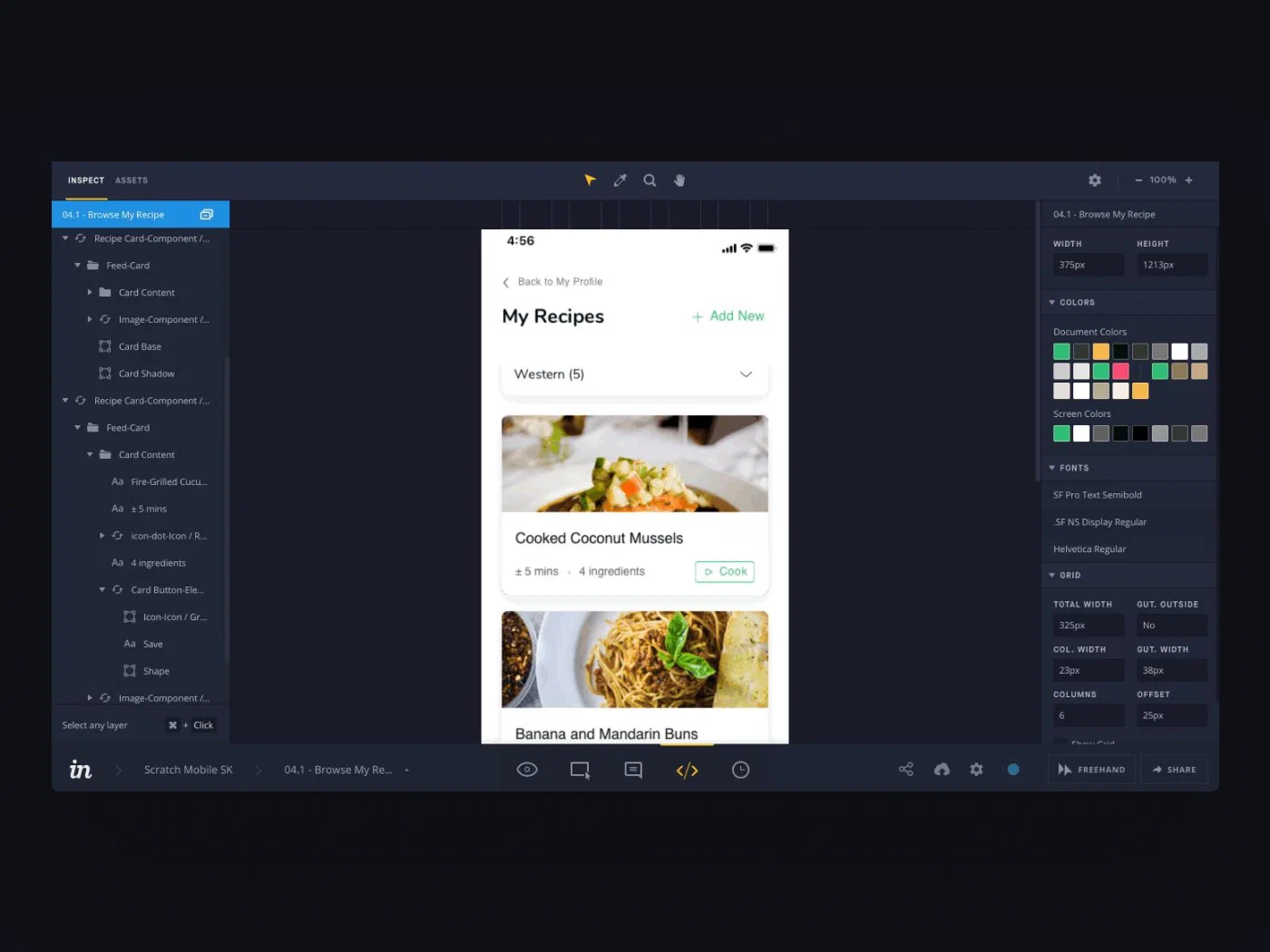 InVision Inspect with a layer tree, a mobile artboard, and panels for dimensions, colors, and fonts.