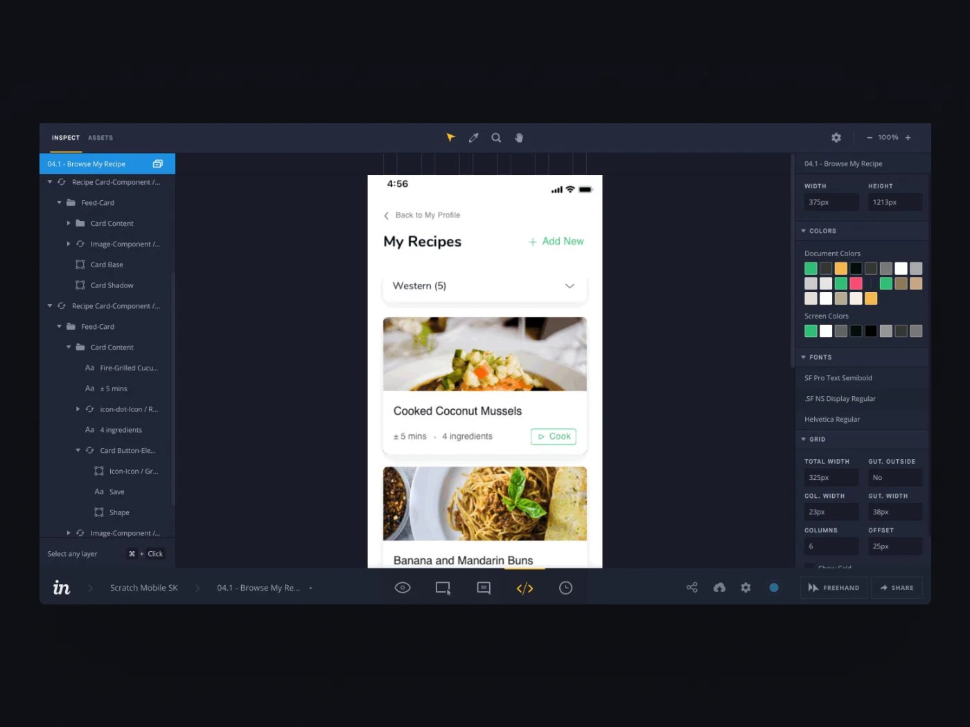 InVision Inspect with a layer tree, a mobile recipe artboard, and panels for dimensions, colors, fonts, and grid settings.
