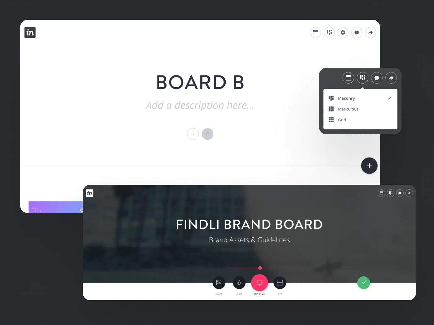 InVision Boards showing layout options and controls for customizing a brand board’s cover image.