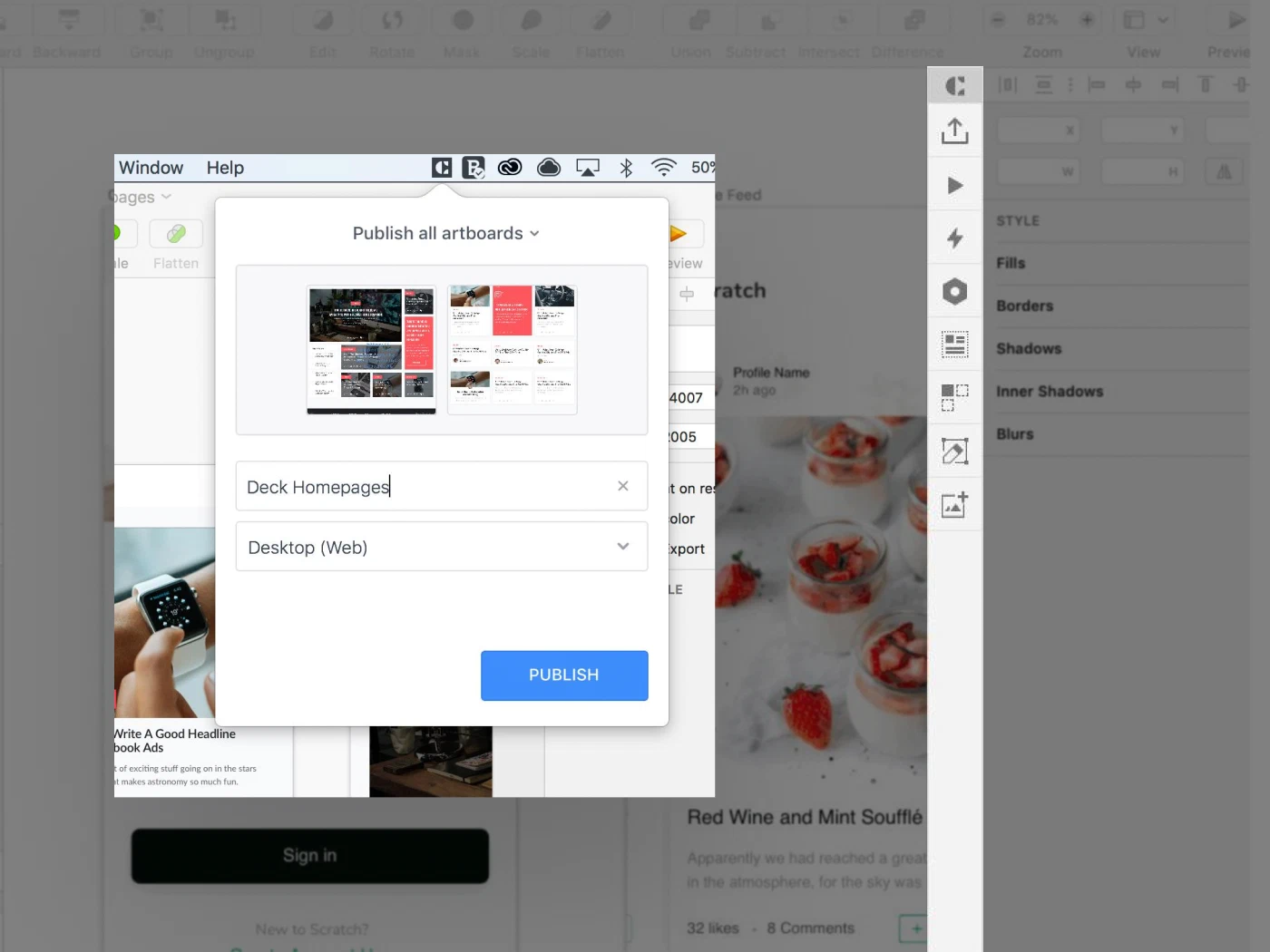 Craft Sync’s publish dialog over a Sketch document, with artboard selection and a project destination.