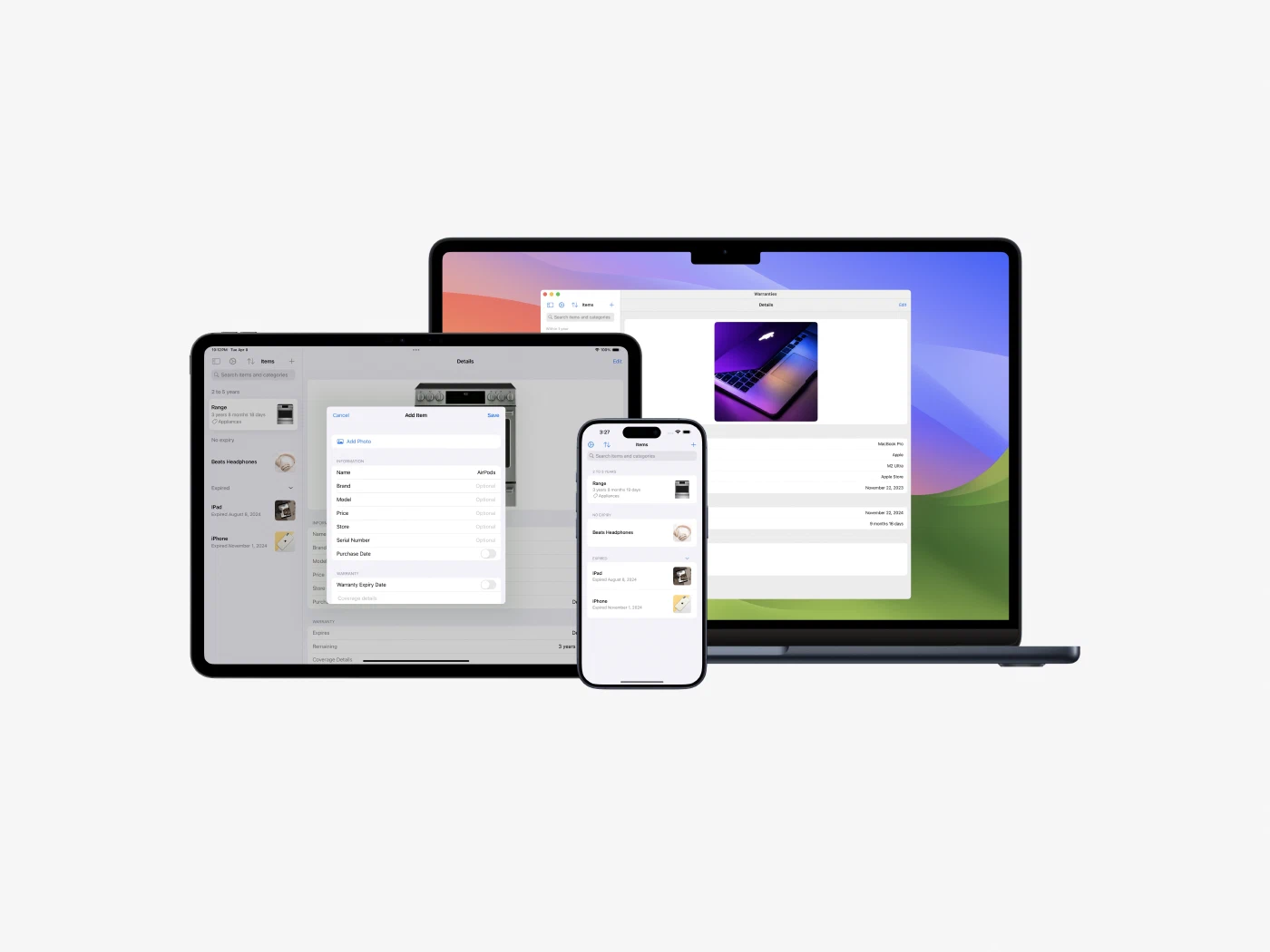 The Add Item form on iPad and Mac, with a required Name field and optional Brand, Model, Price, Store, Serial Number, and Purchase Date fields.